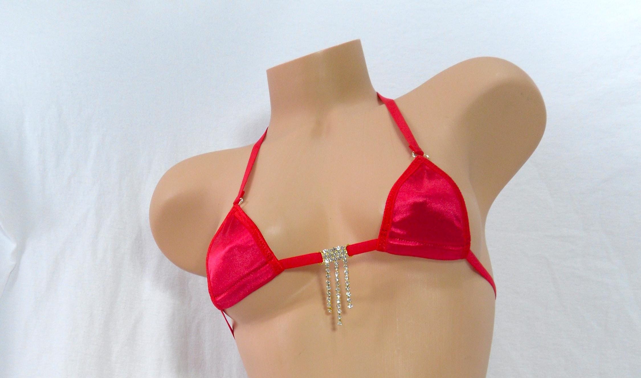 Mini Micro G-String Bikini- Red Satin with Red Trim and Rhinestones