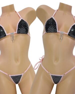 Micro G-String Bikini- Metallic Silver Polka Dot on Black Velvet- Light Pink Trim-Rhinestone S/M