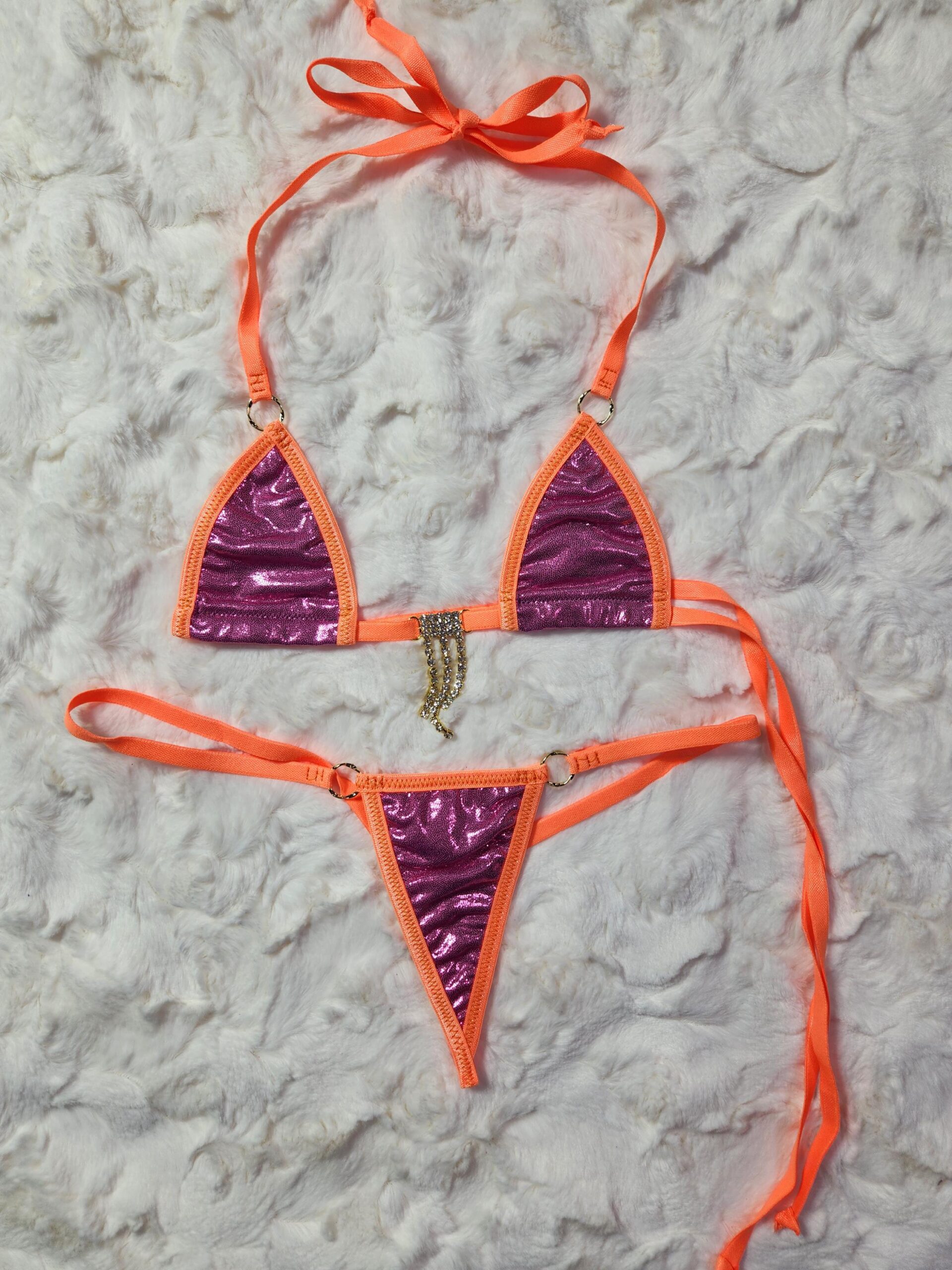 Mini Micro G-String Bikini-Dusty Pink Mystique trimmed in Orange with a Rhinestones- S/M - Image 4