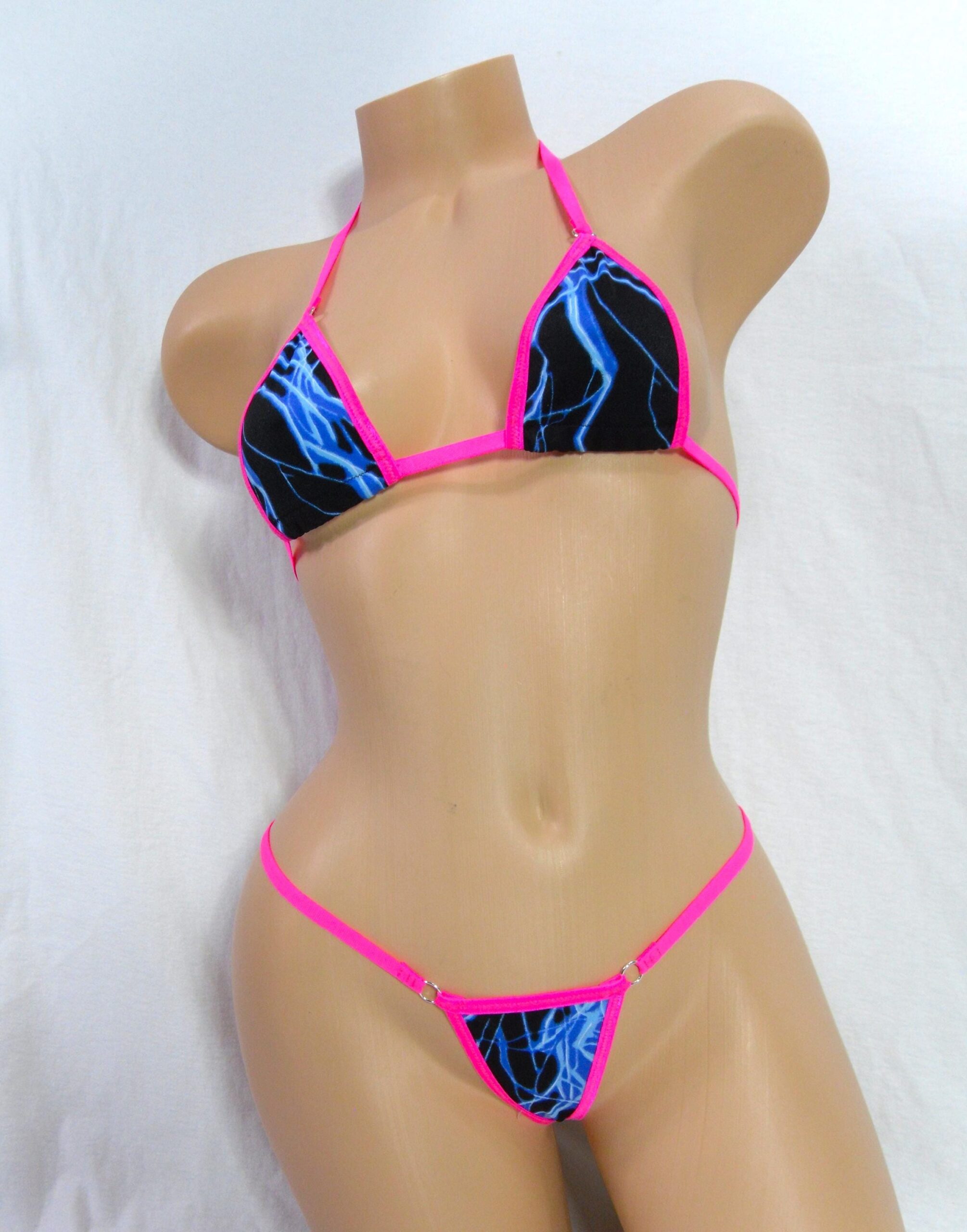 Micro G-String in Blue Lightning trimmed in Hot Pink-S/M