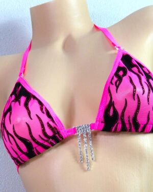 Hot Pink Mesh with Black Velvet Flames and Red Glitter-Princess G-String Bikini- S/M