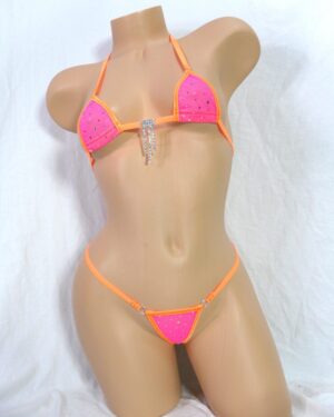 Hot Pink Twinkle Mesh trimmed in Orange -Mini Micro G-String Bikini with Rhinestone- S/M