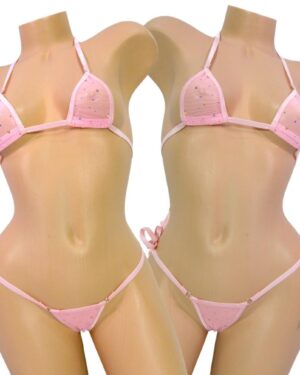 Light Pink Twinkle Mesh trimmed in Light Pink-Mini Micro Bikini-Choice of G-String Bottom-S/M