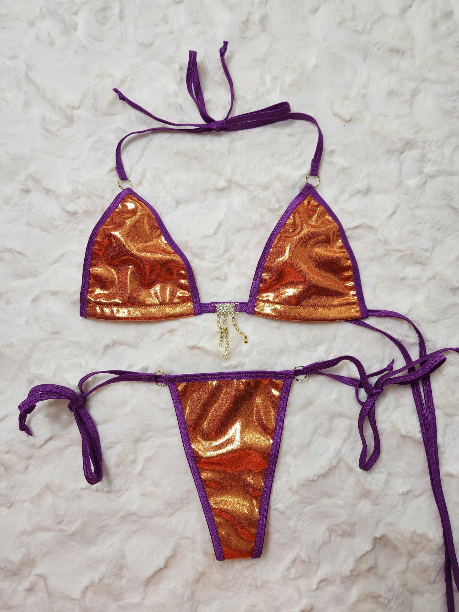 Princess Extended Triangle Back Thong- Burnt Orange Mystique trimmed in Purple-S/M - Image 2
