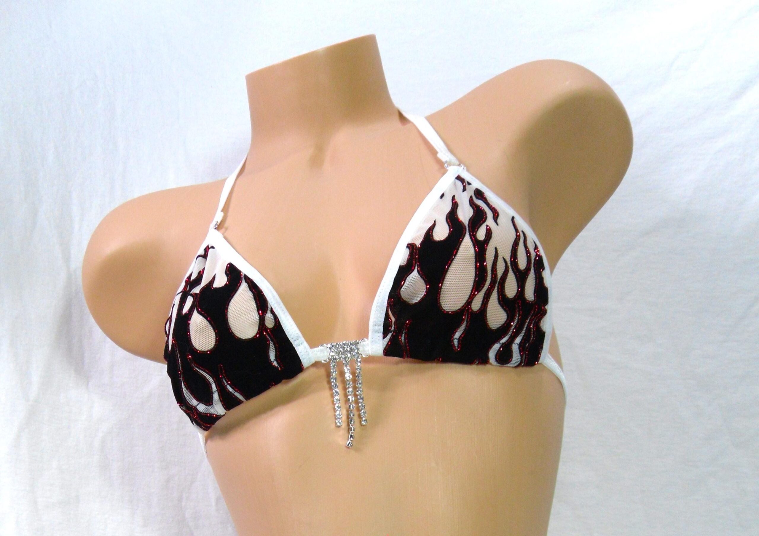 White Mesh with Black Velvet Flames and Red Glitter- Princess Bikini w/ Extended Triangle Back Thong-S/M - Image 4