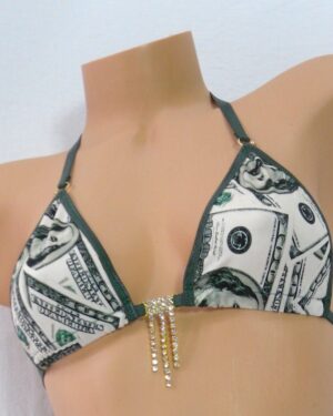 100 Dollar Bills trimmed in Army Green with a Gold Rhinestone-Princess Extended Triangle Back Thong-  S/M