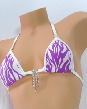 Micro G-String Bikini-Purple and White Zebra with a Rhinestone-Trimmed in White -S/M