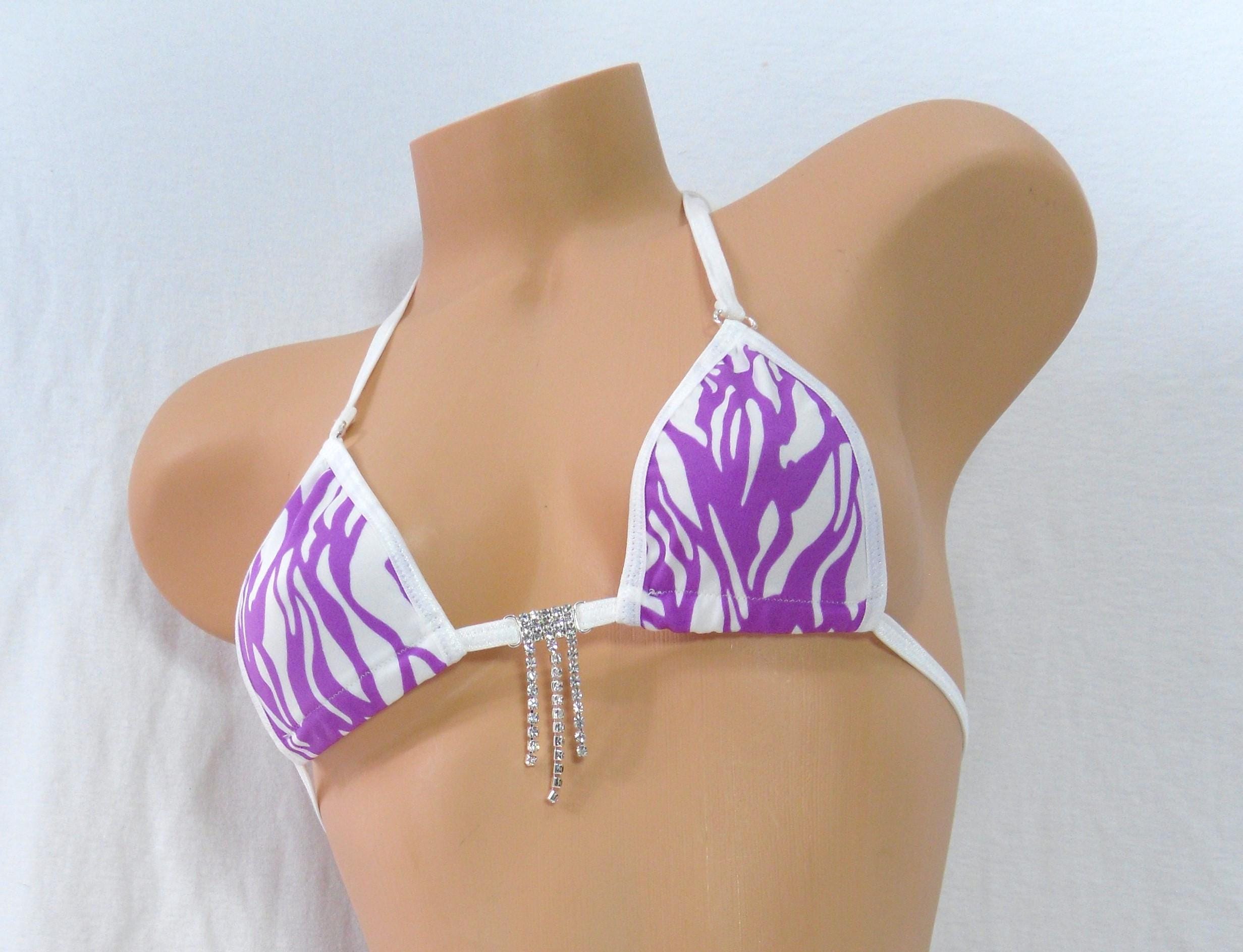 Micro G-String Bikini-Purple and White Zebra with a Rhinestone-Trimmed in White -S/M