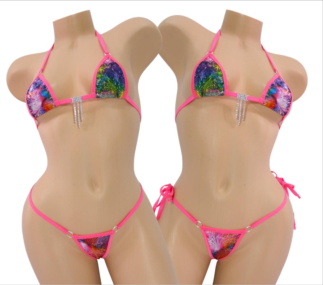 Multi-Colored Sci-fi Coral Inspired Print trimmed in Pink-Mini Micro Bikini- With Choice of G-String Bottom- S/M - Image 2