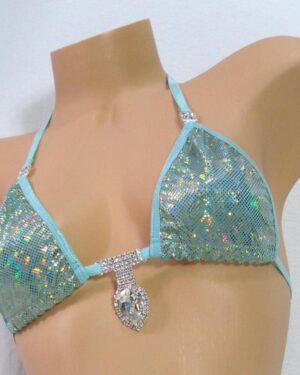 Princess Bikini w/Rhinestones! Choice of G-String- Light Turquoise Shattered Glass Holographic with Turquoise Trim S/M
