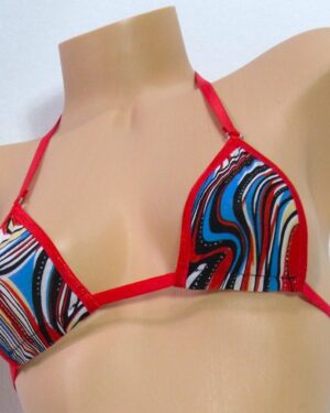 Micro G-String Bikini-Red, Blue and Black Lines on White- Red Trim- S/M