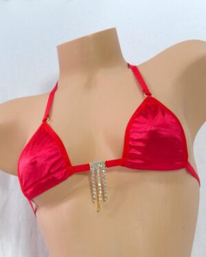 Micro G-String Bikini- Red Satin with Red Trim and Rhinestone- S/M