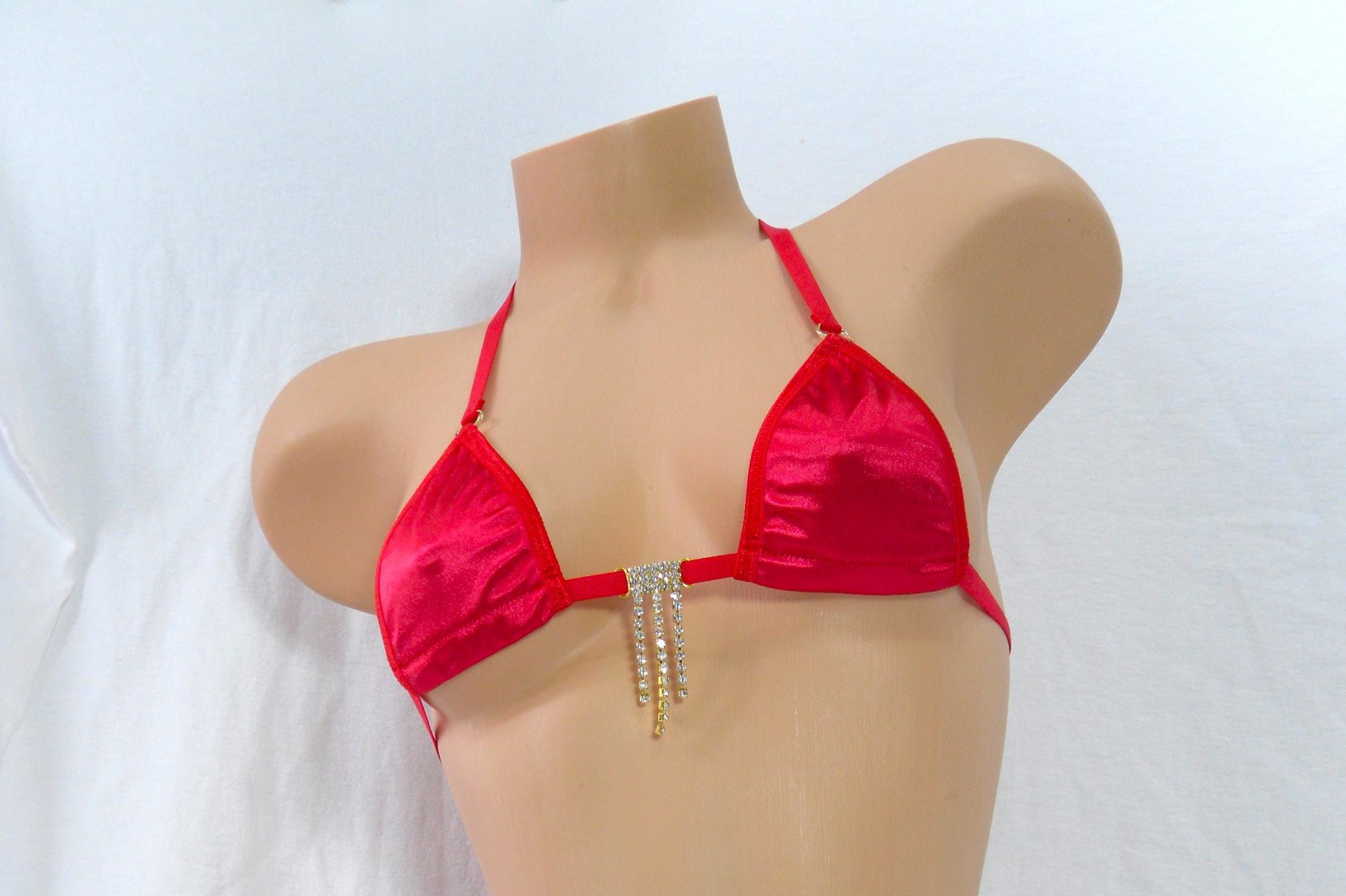 Micro G-String Bikini- Red Satin with Red Trim and Rhinestone- S/M