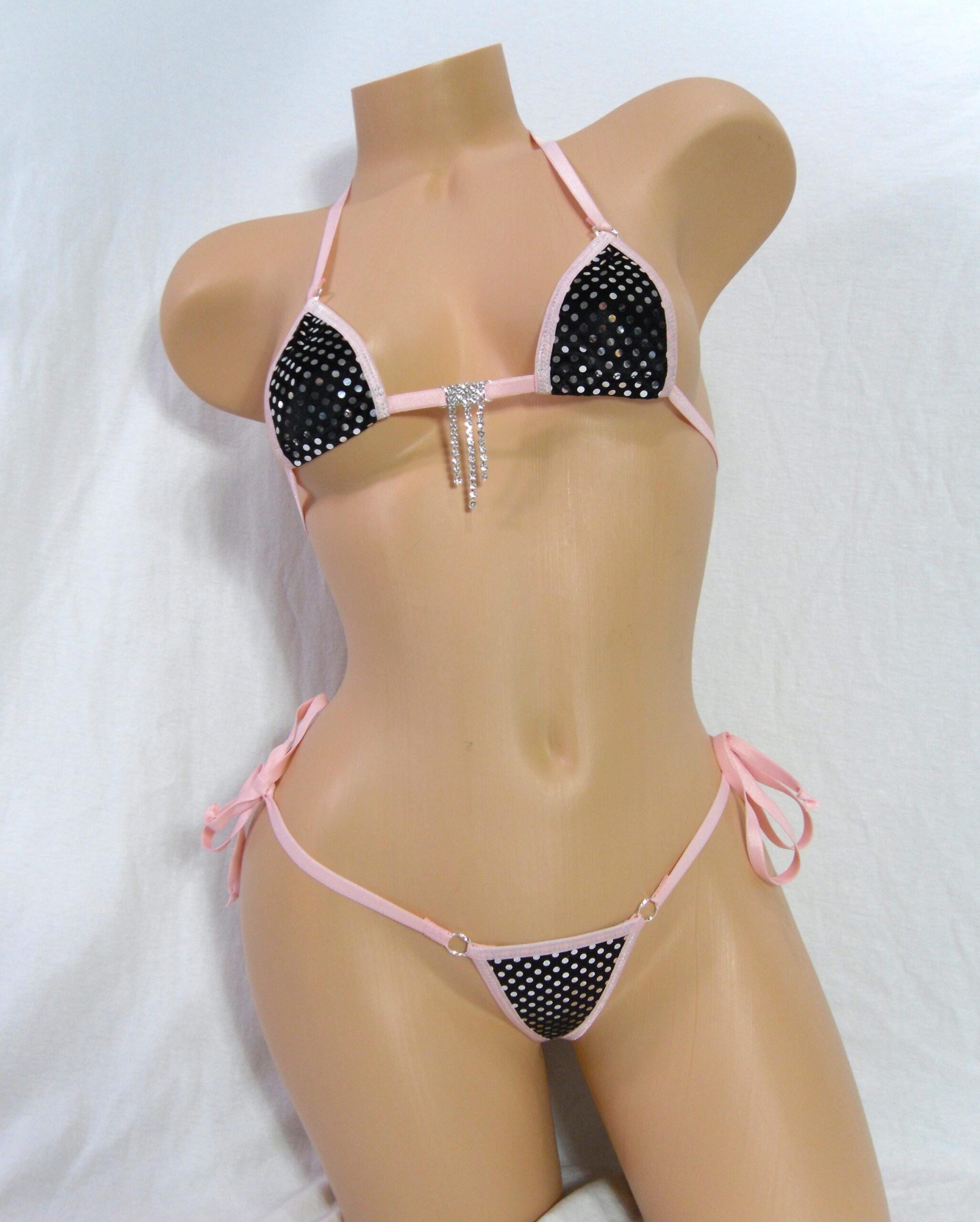 Mini Micro G-String Bikini- Metallic Silver Polka Dot on Black Velvet- Light Pink Trim-Rhinestone S/M - Image 2
