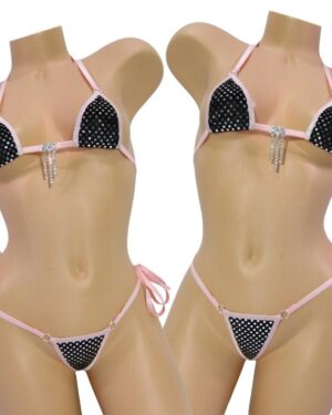 Mini Micro G-String Bikini- Metallic Silver Polka Dot on Black Velvet- Light Pink Trim-Rhinestone S/M