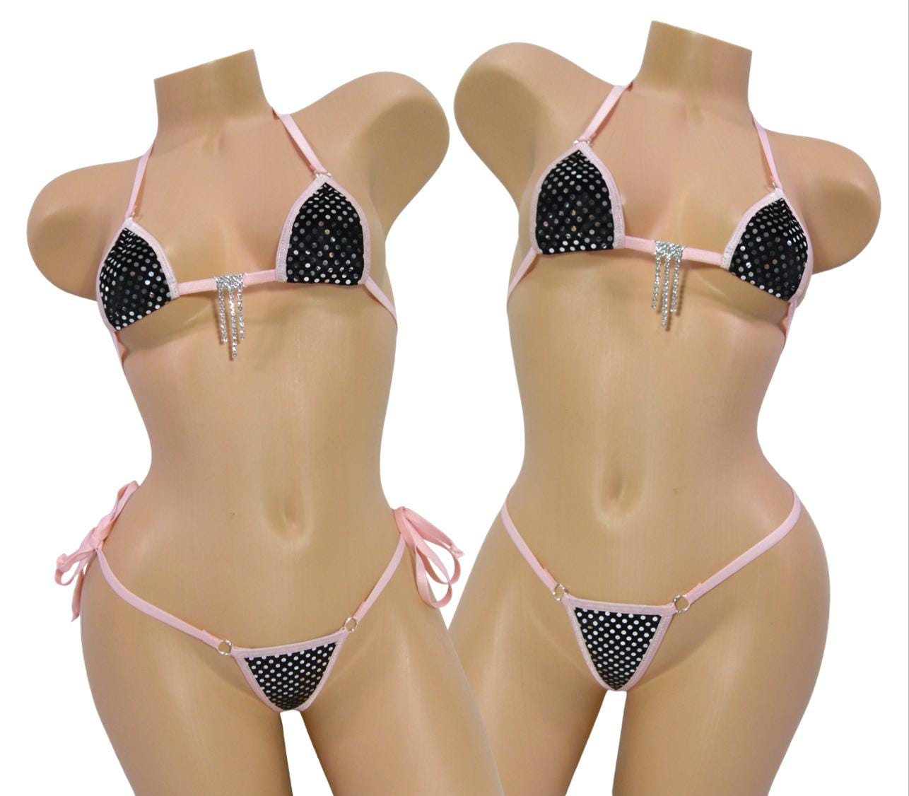 Mini Micro G-String Bikini- Metallic Silver Polka Dot on Black Velvet- Light Pink Trim-Rhinestone S/M