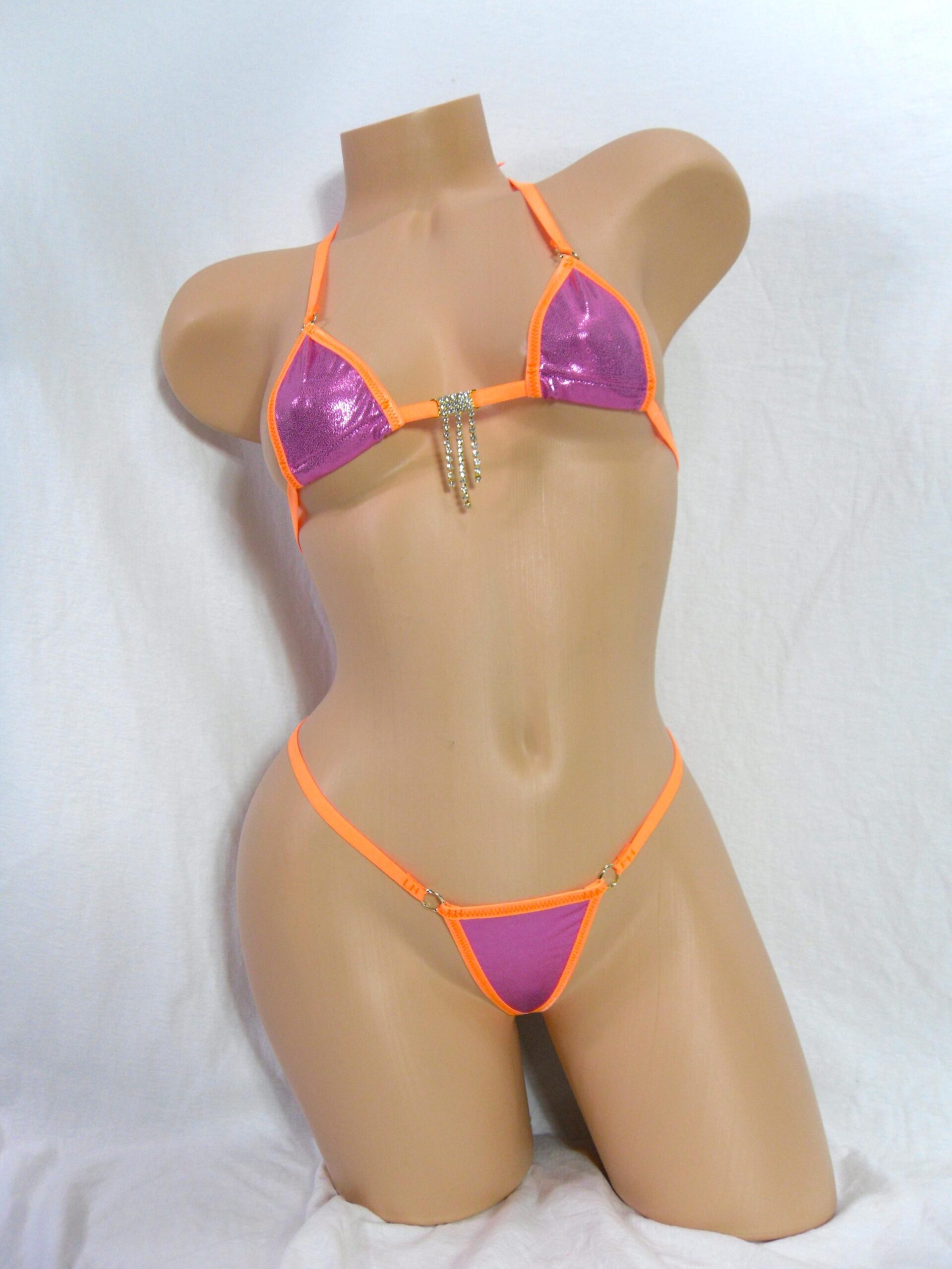 Mini Micro G-String Bikini-Dusty Pink Mystique trimmed in Orange with a Rhinestones- S/M - Image 2