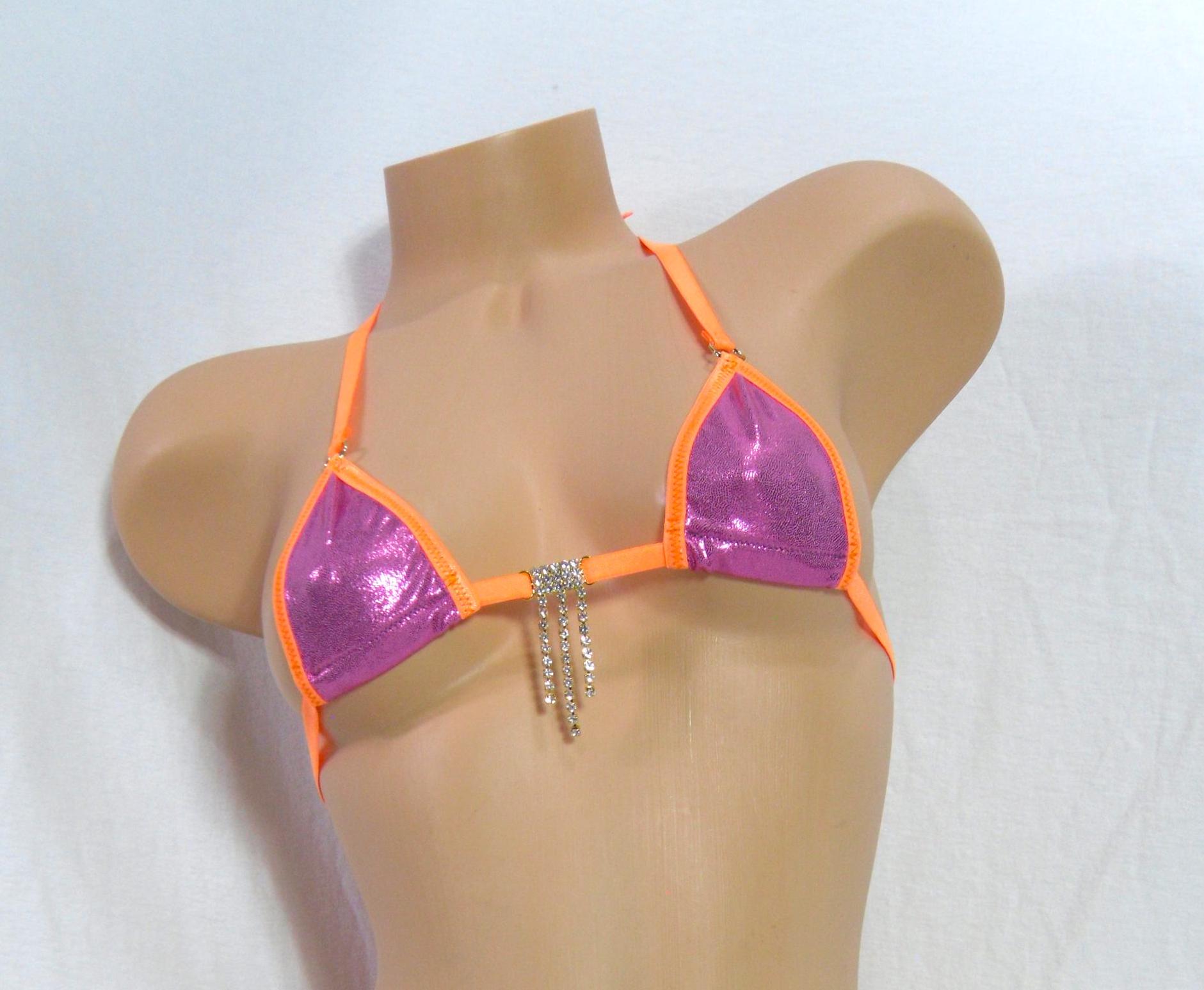 Mini Micro G-String Bikini-Dusty Pink Mystique trimmed in Orange with a Rhinestones- S/M