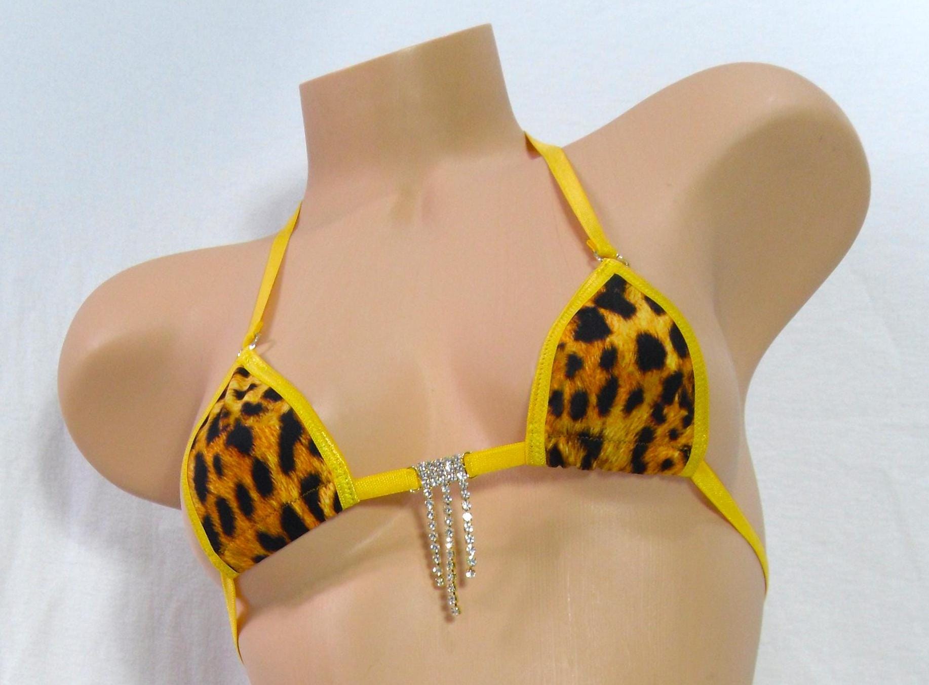 Mini Micro Bikini- Choice of G-String- Cheetah trimmed in Gold with a Rhinestone S/M - Image 2