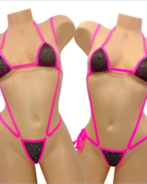 Black Twinkle Mesh trimmed in Hot Pink- G-string Slingshot Combo Bikini-S/M