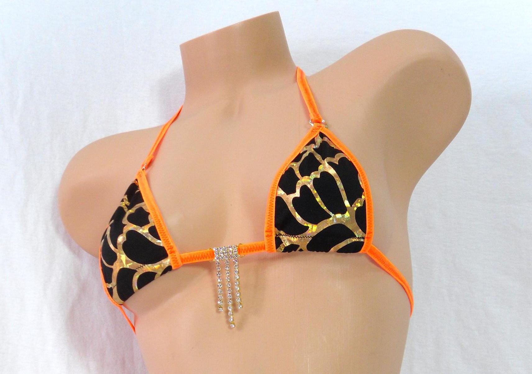 Holographic Gold Wavy Lines on Black- Orange Trim-Micro G-String Bikini with a Rhinestone- S/M - Image 2