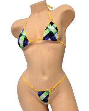 Micro Bikini G-String- Purple, Green and White Basket Weave-Gold Trim