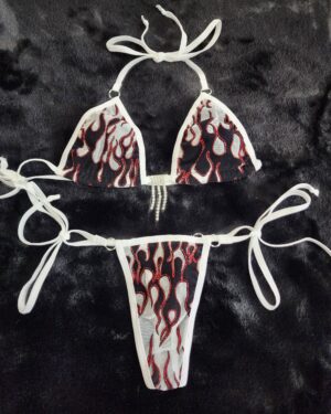 White Mesh with Black Velvet Flames and Red Glitter- Princess Bikini w/ Extended Triangle Back Thong-S/M