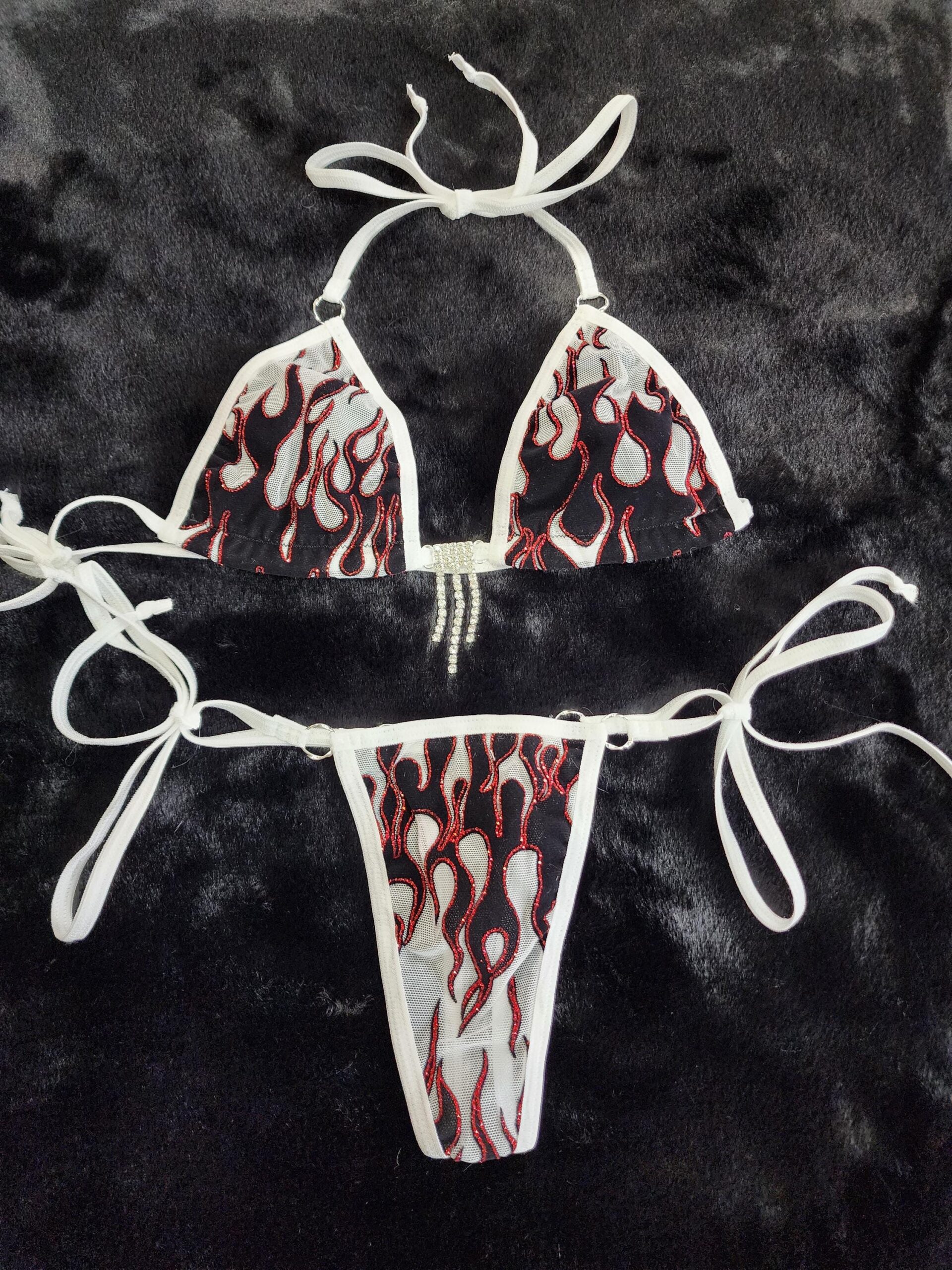 White Mesh with Black Velvet Flames and Red Glitter- Princess Bikini w/ Extended Triangle Back Thong-S/M