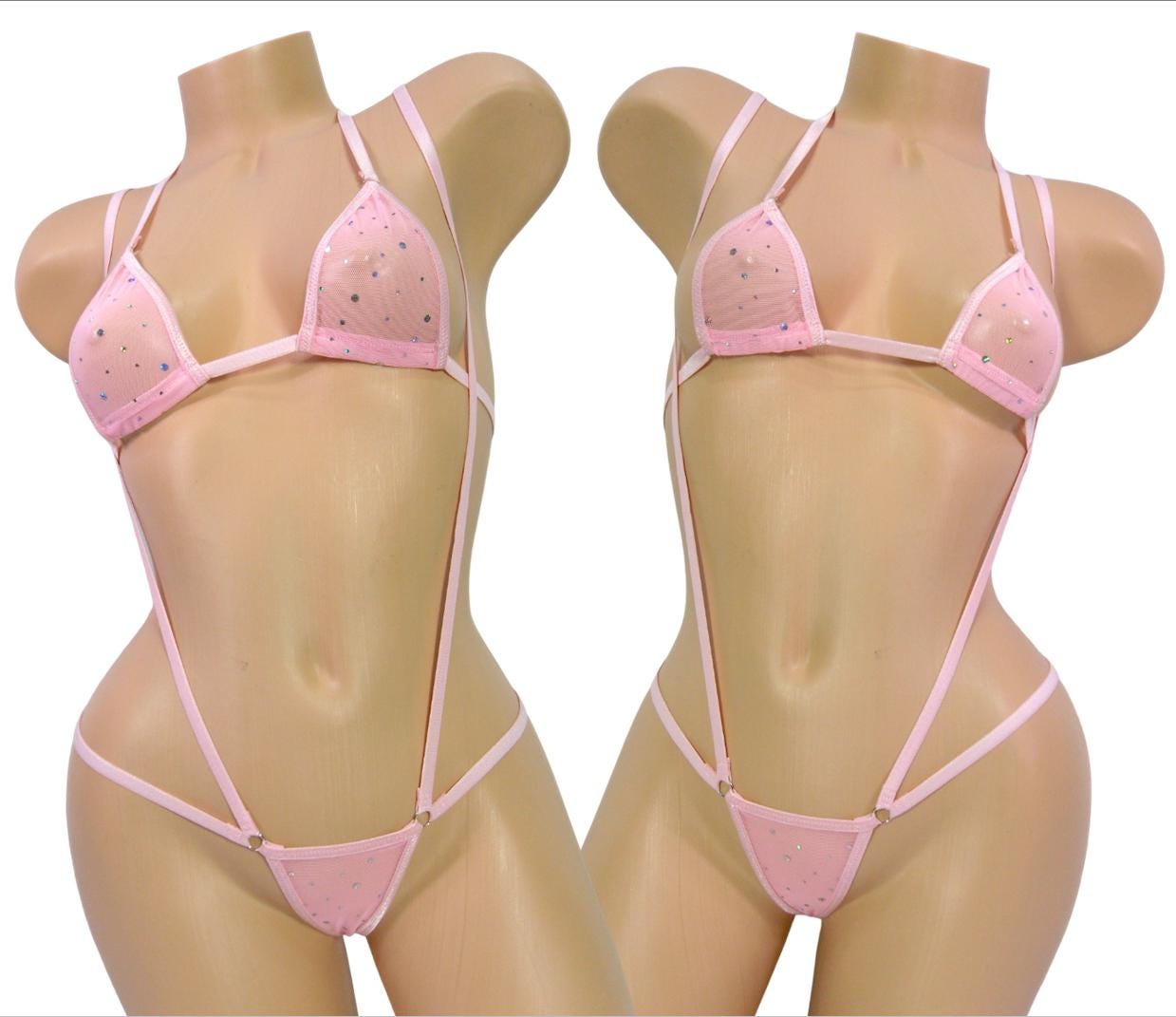 Light Pink Twinkle Mesh trimmed with Light Pink-G-string Slingshot Combo Bikini-Choice of Top- S/M