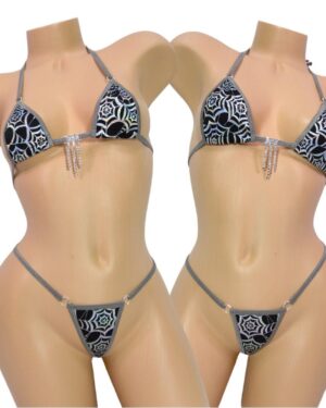 Silver Spiderweb on Black with Gray Trim-G-String Bikini-Choice of Top- S/M