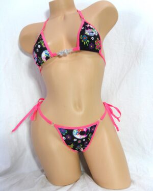 Neon Sugar Skulls on Black-Extended Triangle Back Thong w/Micro Top and a Rhinestone-S/M