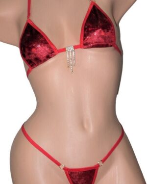 Micro G-String Bikini- Red Mystique Velvet with Red Trim and Rhinestones