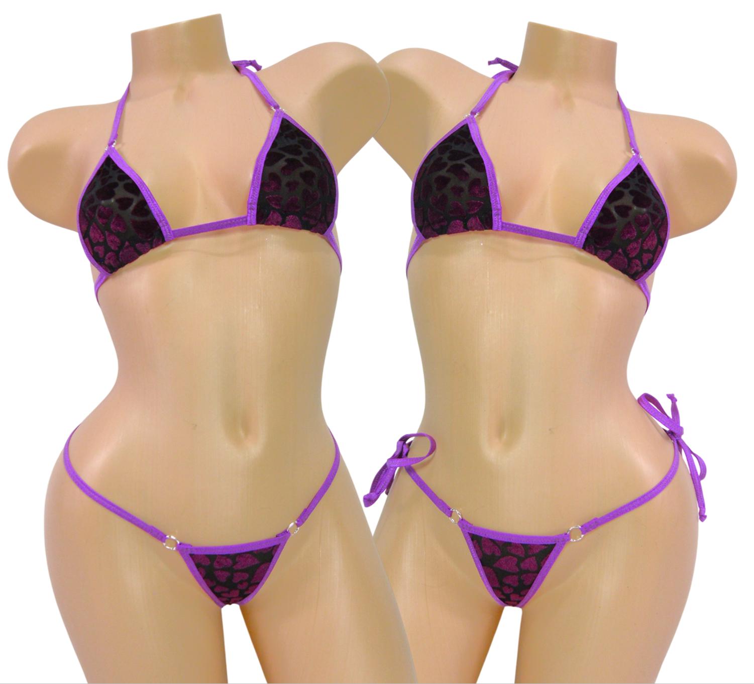 Velvet Hearts on Black Mesh-Micro Bikini w/Choice of G-string-S/M